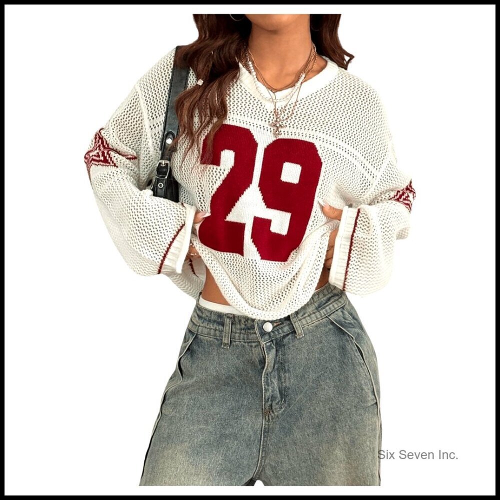 Y2K Graphic Oversized Pullover Sweater V Neck Long Sleeve Knit Top